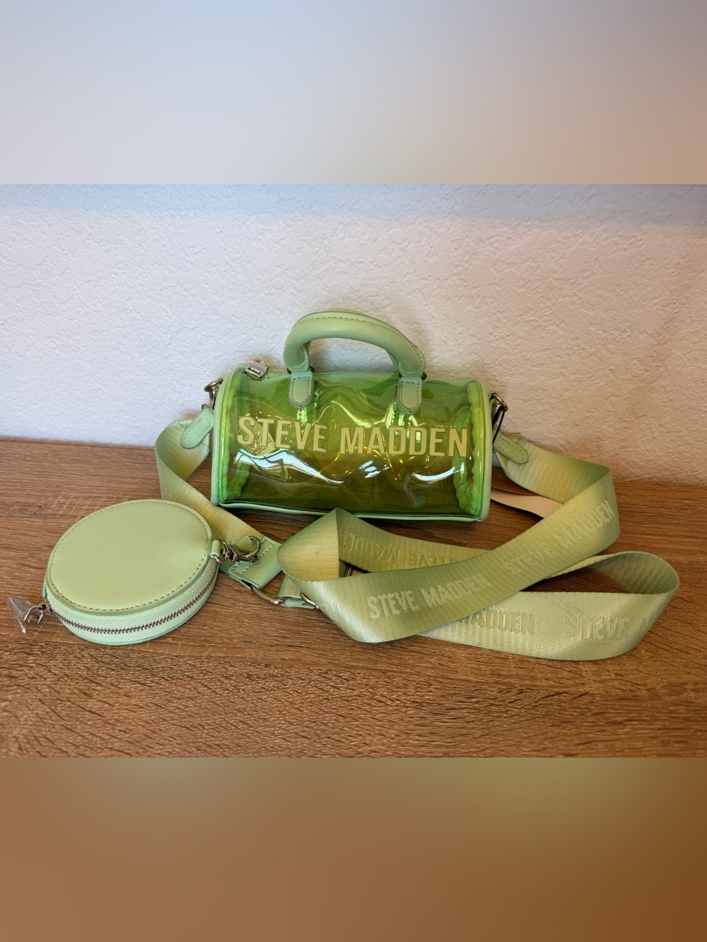 NWT Steve Madden Neon Green Clear Barrel Mini Bag with Coin Pouch
